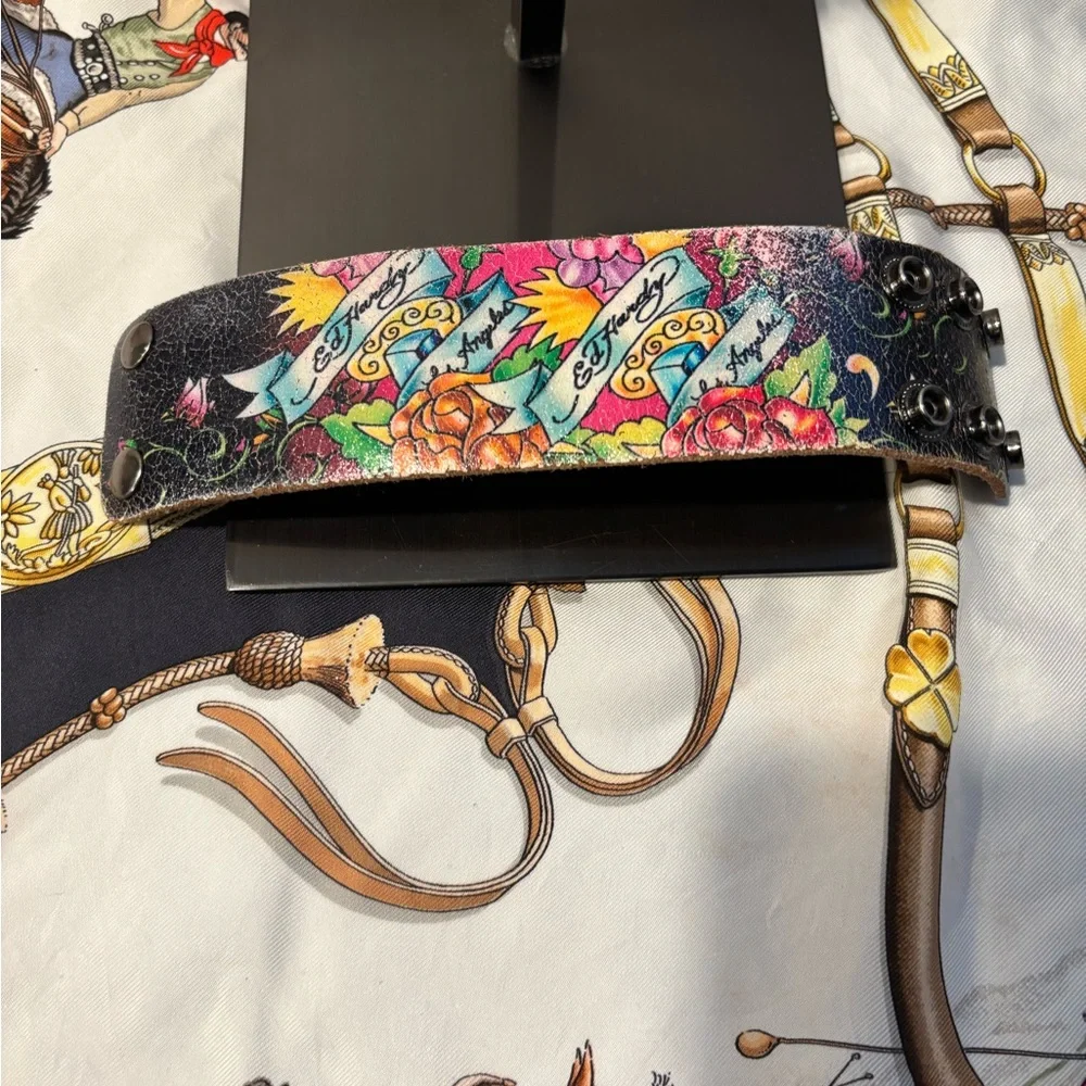 Ed Hardy Graphic Designed Handbag, NWT and Leather Cuff Bracelet, Preowned